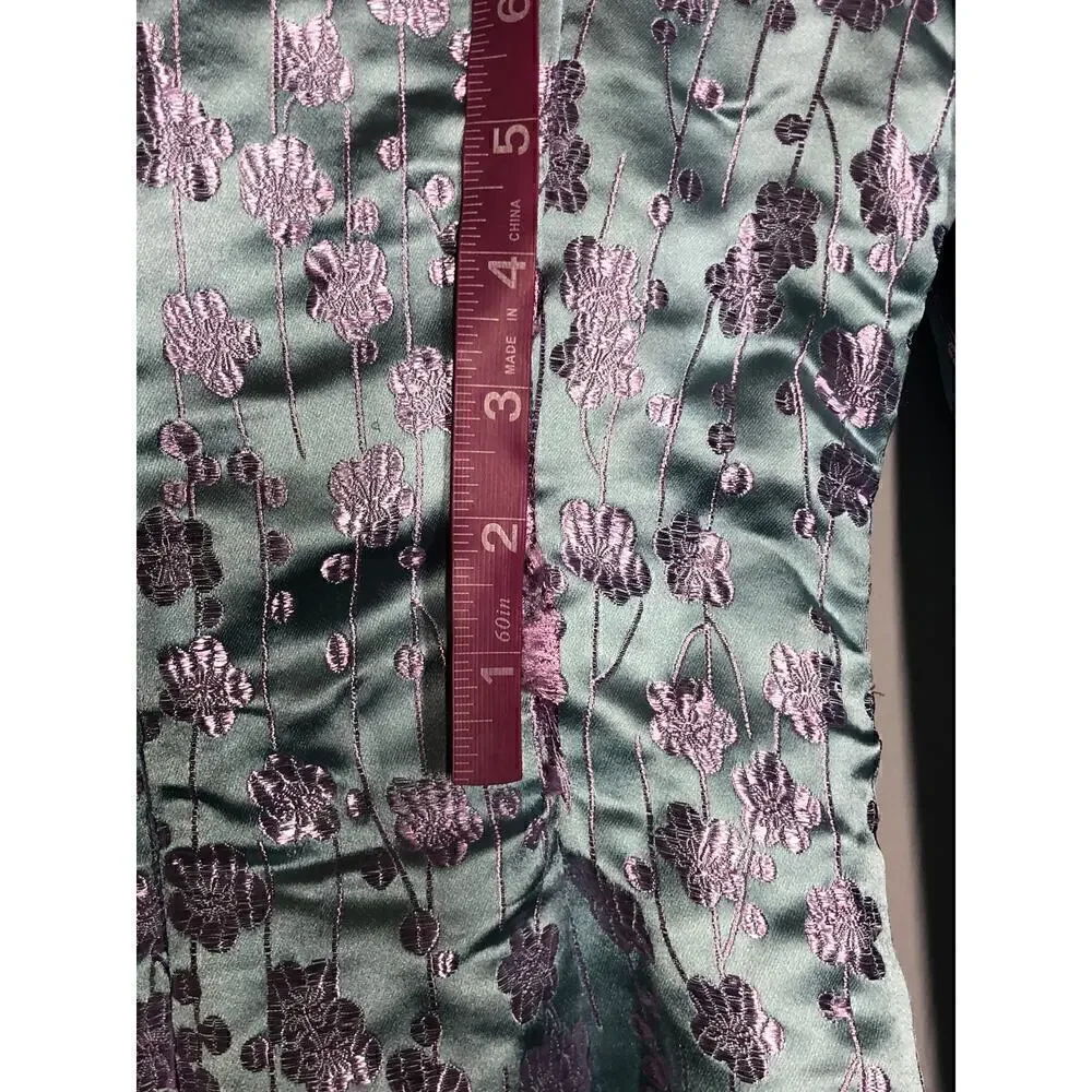 Sau Lee Jen Dress Satin Floral Jacquard Long Sleeve Square Neck Mini Blue Size 0